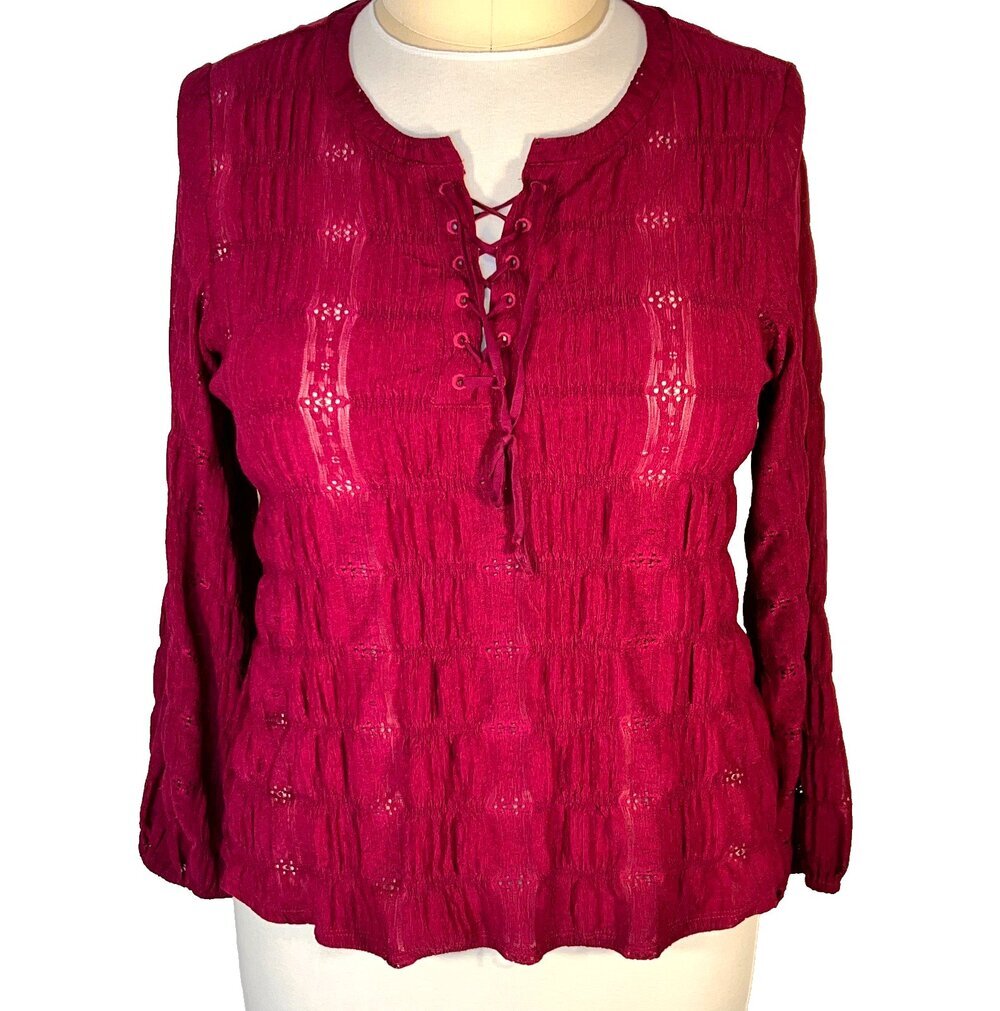 Frye and Co. Blouse Womens 1X Peasant Top Cranberry Red Eyelet Knit BOHO